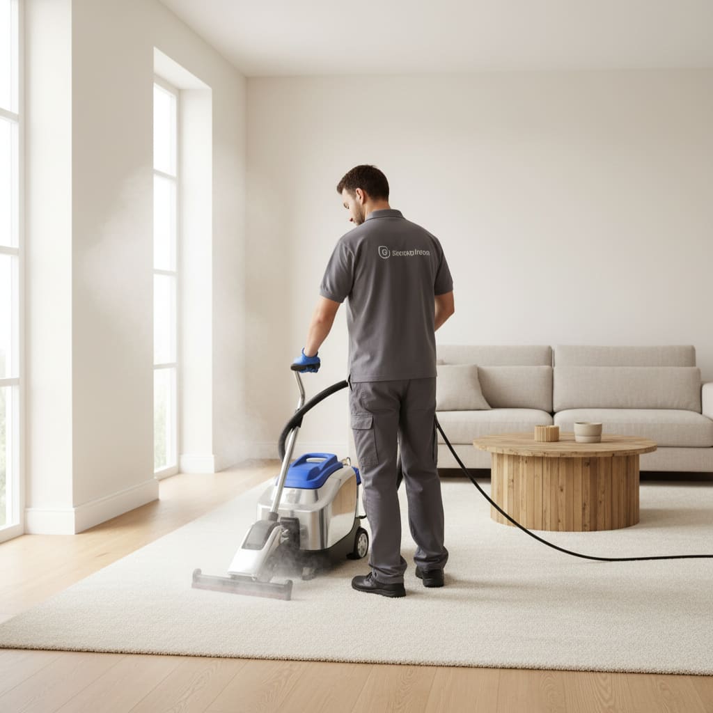 تقني يستخدم آلة تنظيف سجاد حديثة في غرفة معيشة مضيئة