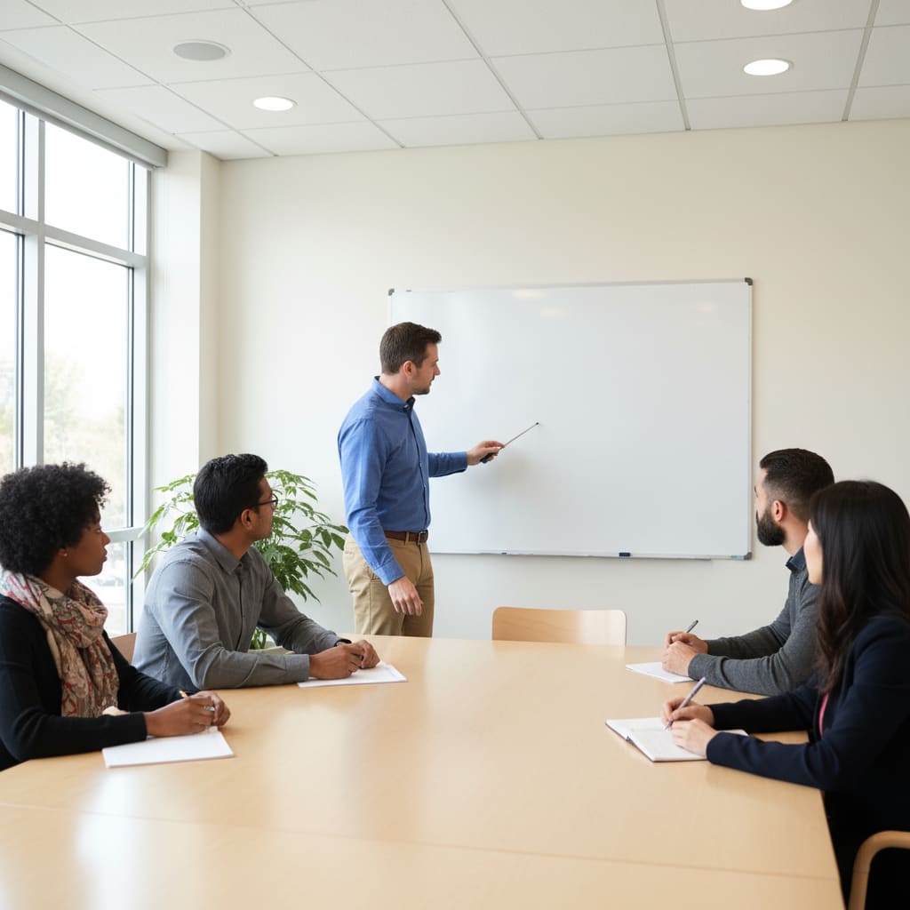 جلسة صف صغيرة للغة الإنجليزية في غرفة مضيئة